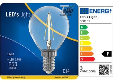 1 STÜCK (VPE) SHADA LED Classic E14 250lm 2.5W, warmweiss 2700K, G45 klar, EEC: F (0600107)